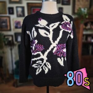 Western Connection Floral Sweater Vintage 80s Black Knit Purple Flowers Womens M